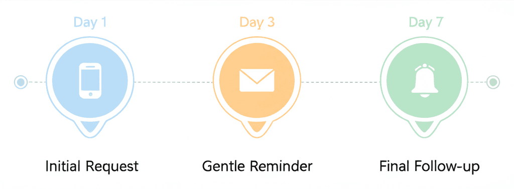 Review reminder timeline showing Day 1, Day 3, and Day 7 follow-ups